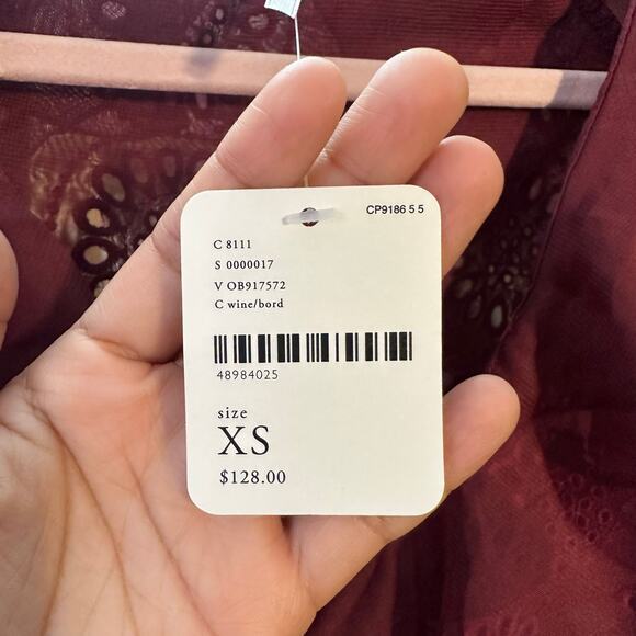 NWT Free people Life's A Party Blouse Wine‎ Red Burgundy Size XS Lace Sheer - Picture 6 of 13